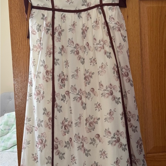 Bohme Cream with Print Floral Midi Dress  Tight Straps with Brown Trim - Picture 6 of 10